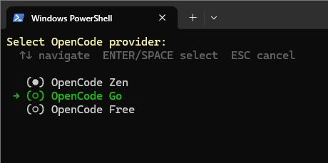 在交互列表中选择 OpenCode - OpenCode Go