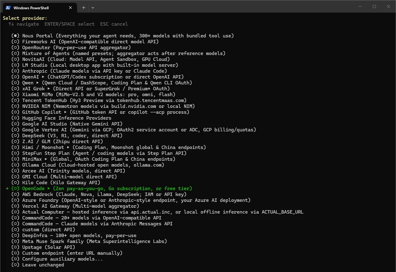 在交互列表中选择 OpenCode