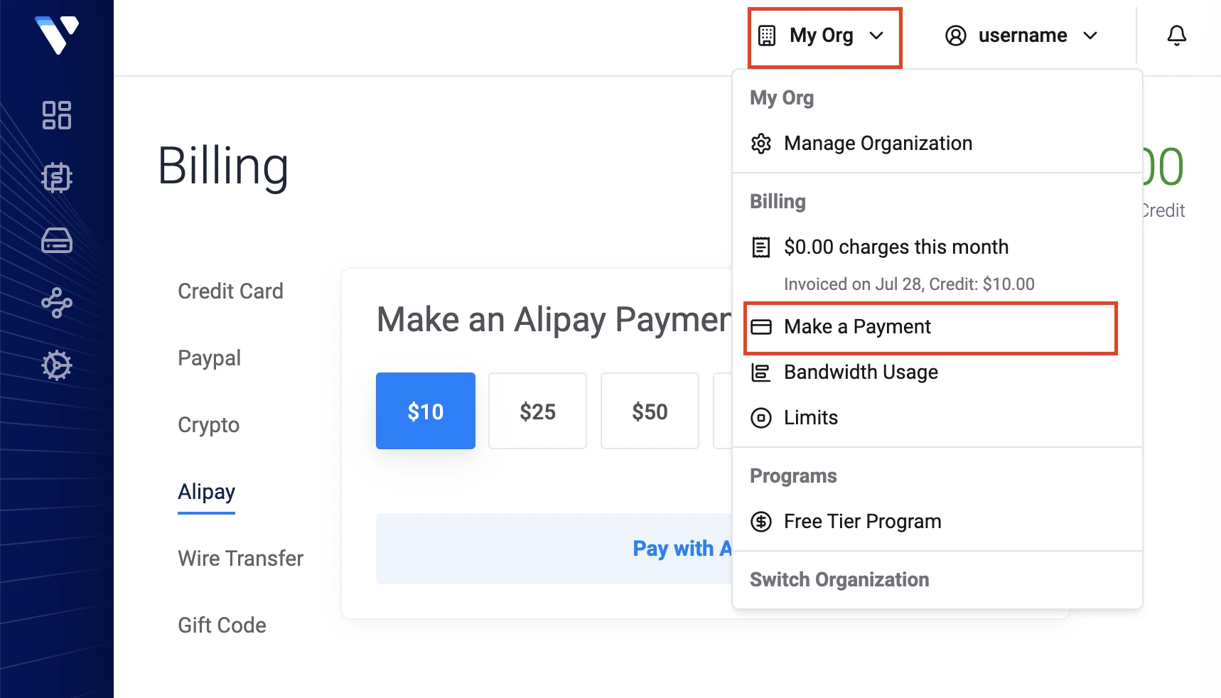 Vultr Make a Payment 充值