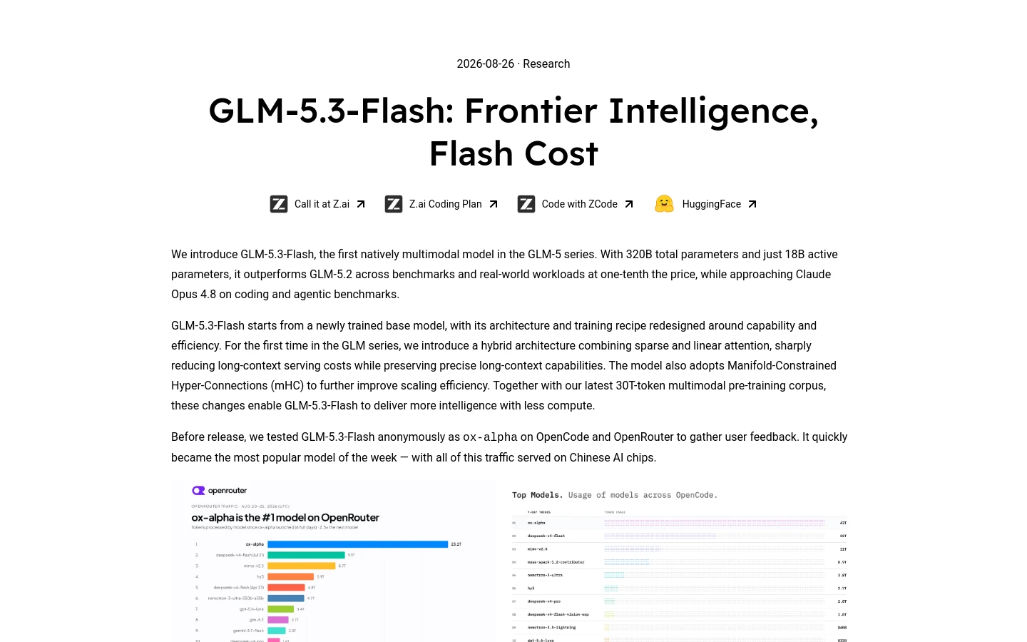 GLM-5.3-Flash 官方发布博客(含 ox-alpha 登顶 OpenRouter 数据图,z.ai)